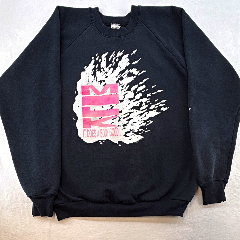 VTG Fruit of the Loom Men Crewneck Sweatshirt Milk does a body goodBlack XL 90s